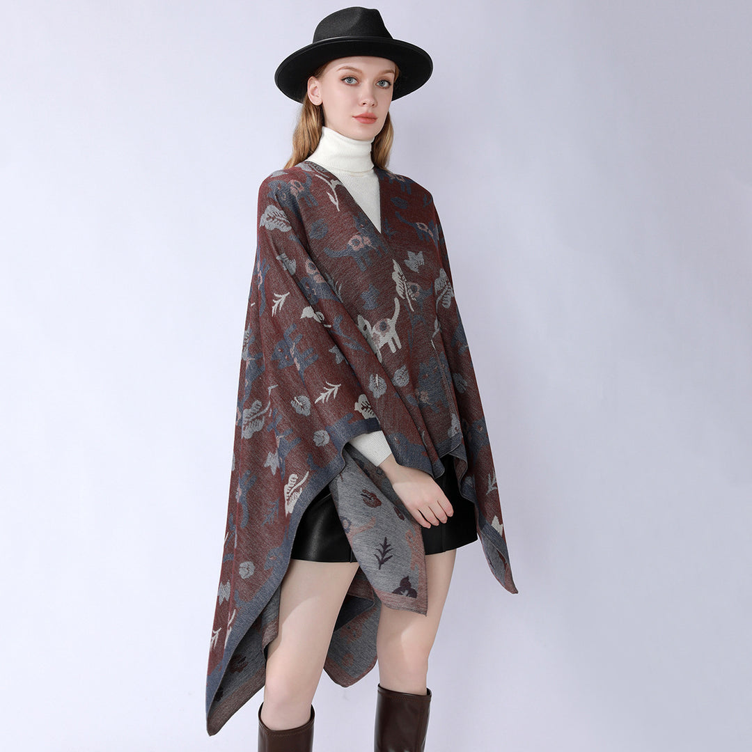 Ladies Oversized Ruana in Jacquard with Cat & Flower Motif Mune Fashion