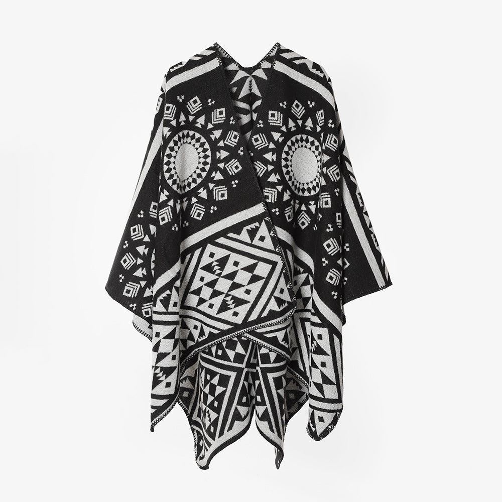 Women's Woven Oversized Cape Poncho with Aztec Jacquard Pattern and Decorative Overlock Edge Mune Fashion