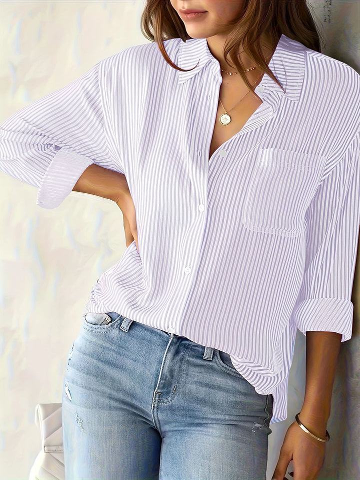 Women's Lightweight Oversized Shirt Blouse with Vertical Stripes, Kent Collar and Three-Quarter Sleeves Mune Fashion
