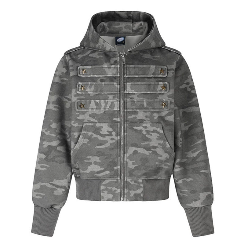 Women's cropped hooded sweatshirt jacket in military camo with decorative star strap details Mune Fashion