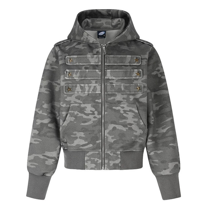 Women's cropped hooded sweatshirt jacket in military camo with decorative star strap details Mune Fashion