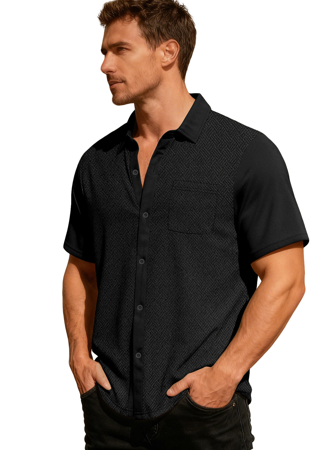 Men's leisure short sleeve shirt with jacquard texture, contrasted button placket and chest pocket Mune Fashion