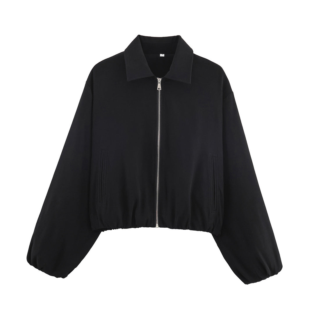 Women Shortened Bomber Jacket in Harrington Style with Balloon Sleeves and Elastic Hem Mune Fashion