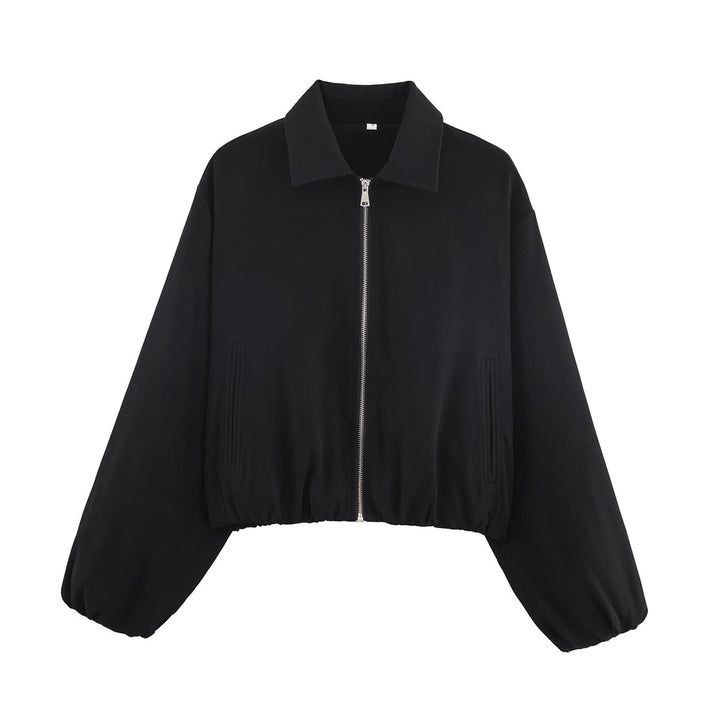 Women Shortened Bomber Jacket in Harrington Style with Balloon Sleeves and Elastic Hem Mune Fashion