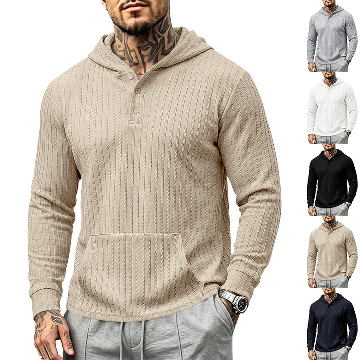 Men's Hooded Henley Pullover with Cable Knit Structure, Kangaroo Pocket and Ribbed Cuffs Mune Fashion