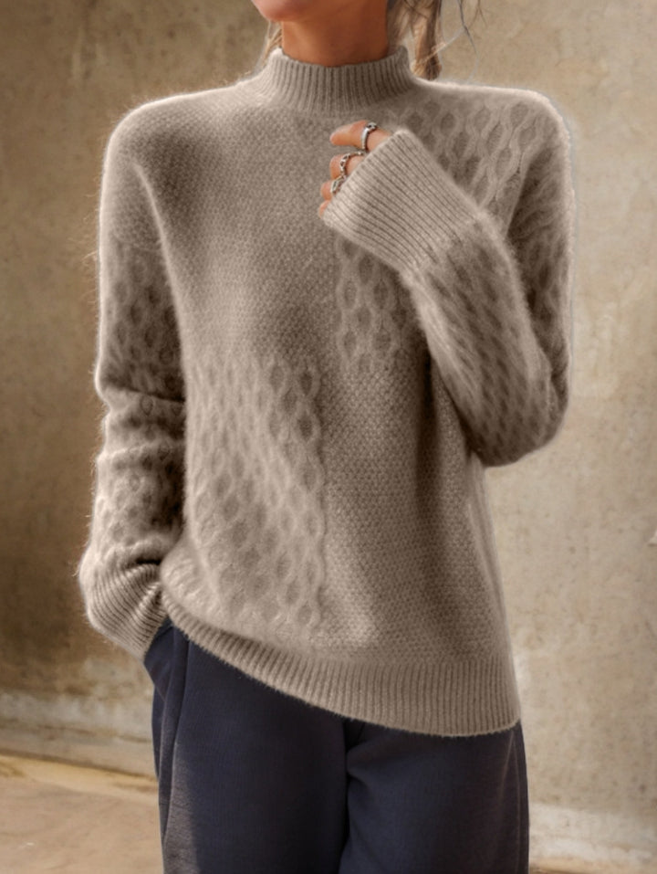 Ladies casual mohair blend fine knit sweater with structure mix, stand-up collar and dropped shoulders Mune Fashion