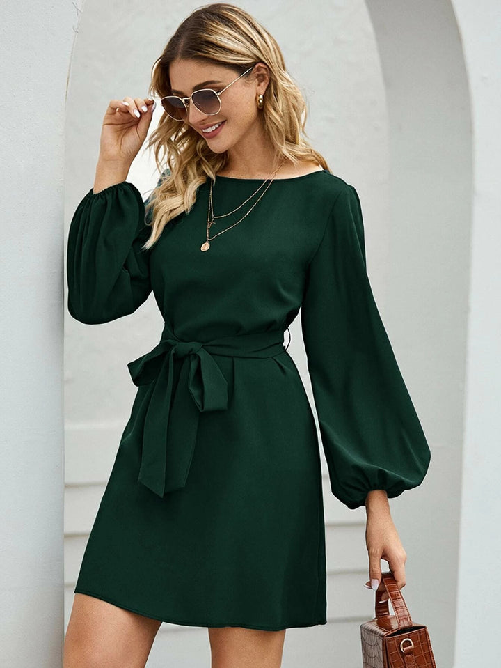 Ladies' elegant sheath dress with balloon sleeves and waist belt Mune Fashion