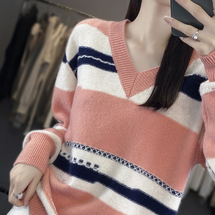 Women's Oversized Knit Sweater with V-Neck and Graphic Stripe Mix Mune Fashion