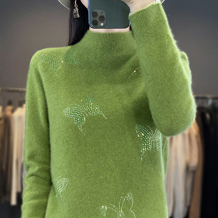 Women Stand Collar Fine Knit Sweater with Rhinestone Butterfly Application Mune Fashion