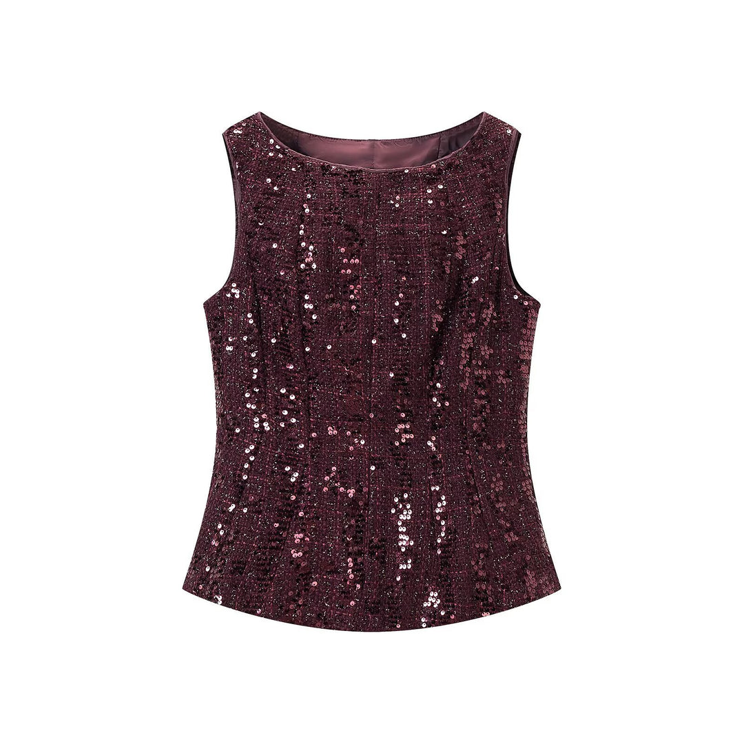 Women's Sequined Peplum Top with Round Neck and Figure-Flattering Waist Mune Fashion