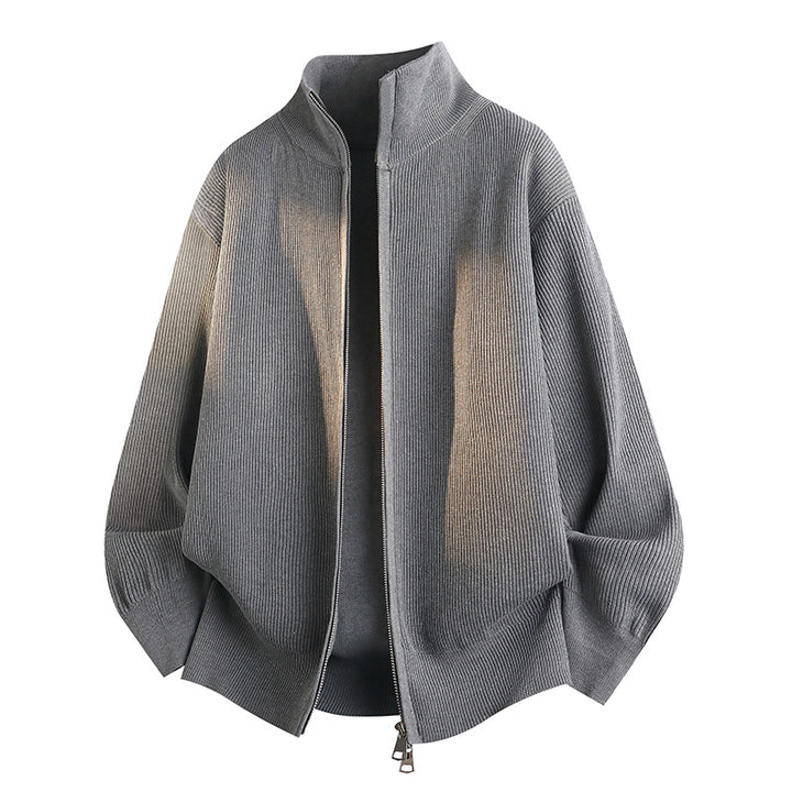 Unisex Oversize Knit Zip Jacket with Stand-Up Collar, Ribbed Texture & Two-Way Zipper Mune Fashion