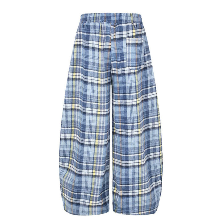 Women's Wide Check Palazzo Lounge Pants with High Comfort Waistband and Hem Drawstring