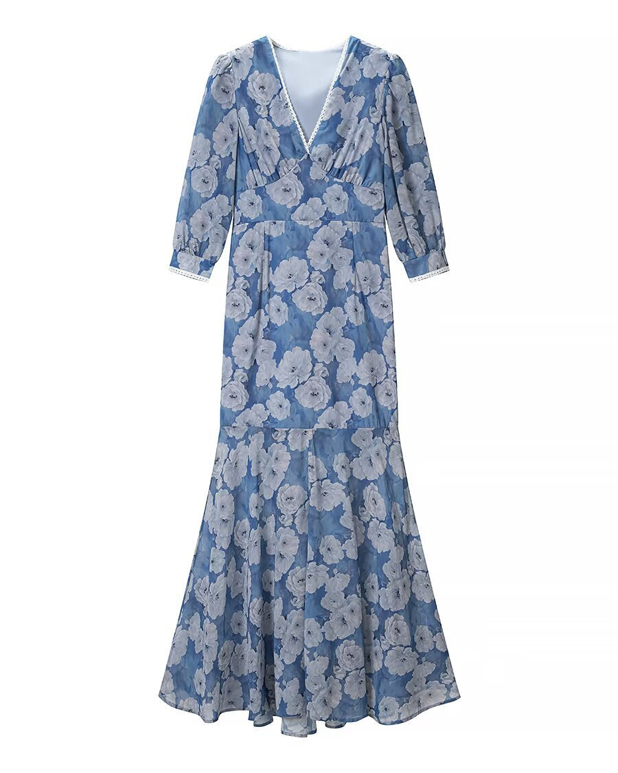Women’s Maxi Dress with V-Neck, Empire Cut and Floral Chiffon Look Mune Fashion