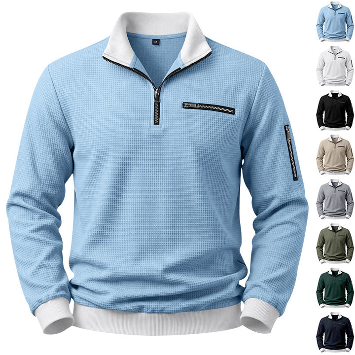 Men's Structured Waffle Sweater with Half-Zip and Zipper Pockets Mune Fashion