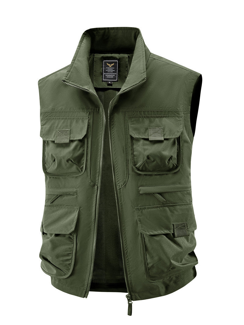 Men's Multi-Pocket Utility Vest with High Collar Two-Way Zipper & Mesh Lining Mune Fashion