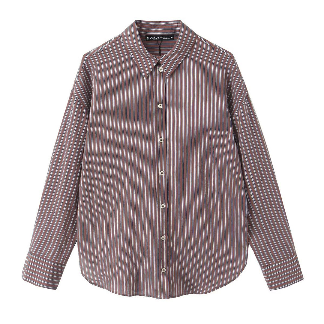 Women's Oversized Shirt Blouse with Vertical Stripe Pattern and Full Button Placket Mune Fashion