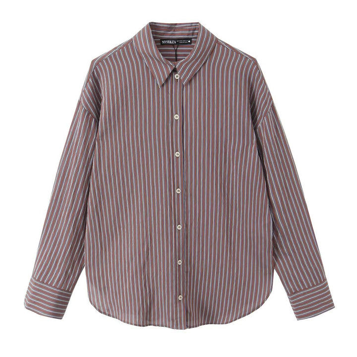 Women's Oversized Shirt Blouse with Vertical Stripe Pattern and Full Button Placket Mune Fashion