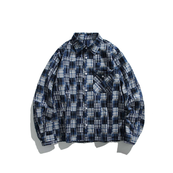Unisex Patchwork Check Shirt Jacket in Oversize Boxy Cut with Chest Pocket and Kent Collar Mune Fashion