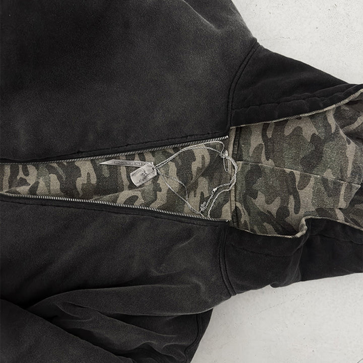 Men's short-cut camouflage bomber-style hooded jacket with teddy lining and two-way zipper Mune Fashion