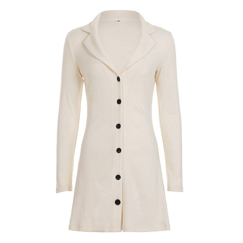 Women Long Knit Button Cardigan with Lapel Collar and Flared Hem Mune Fashion