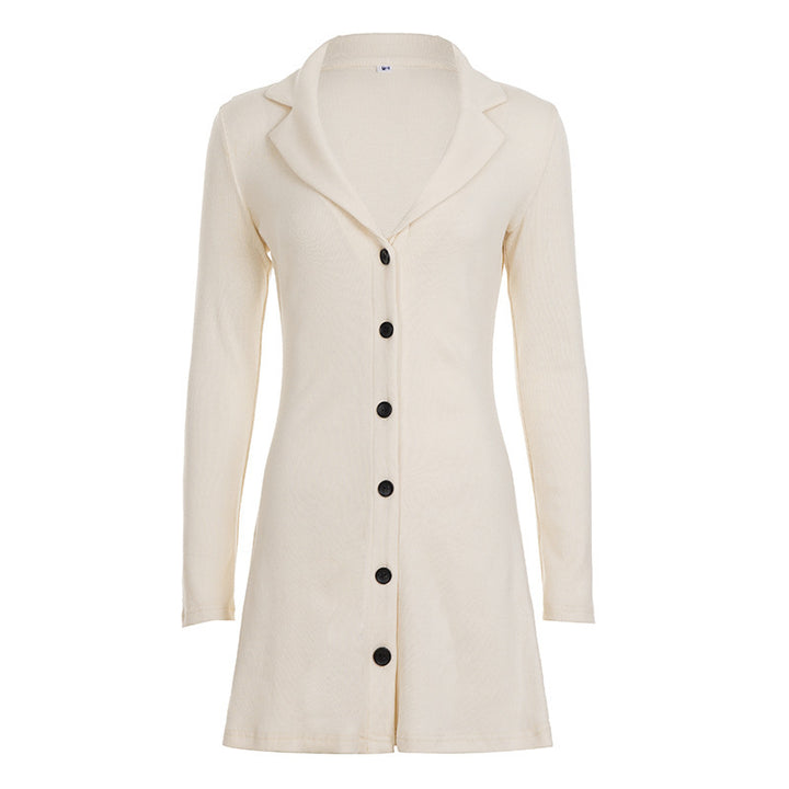 Women Long Knit Button Cardigan with Lapel Collar and Flared Hem Mune Fashion