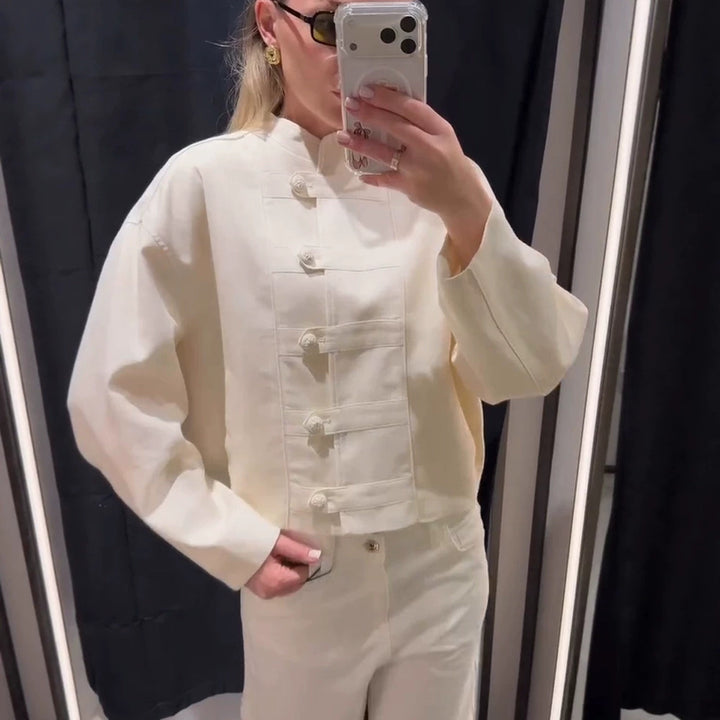 Women's Short Boxy Jacket with Mandarin Collar and Decorative Knot Button Placket Mune Fashion