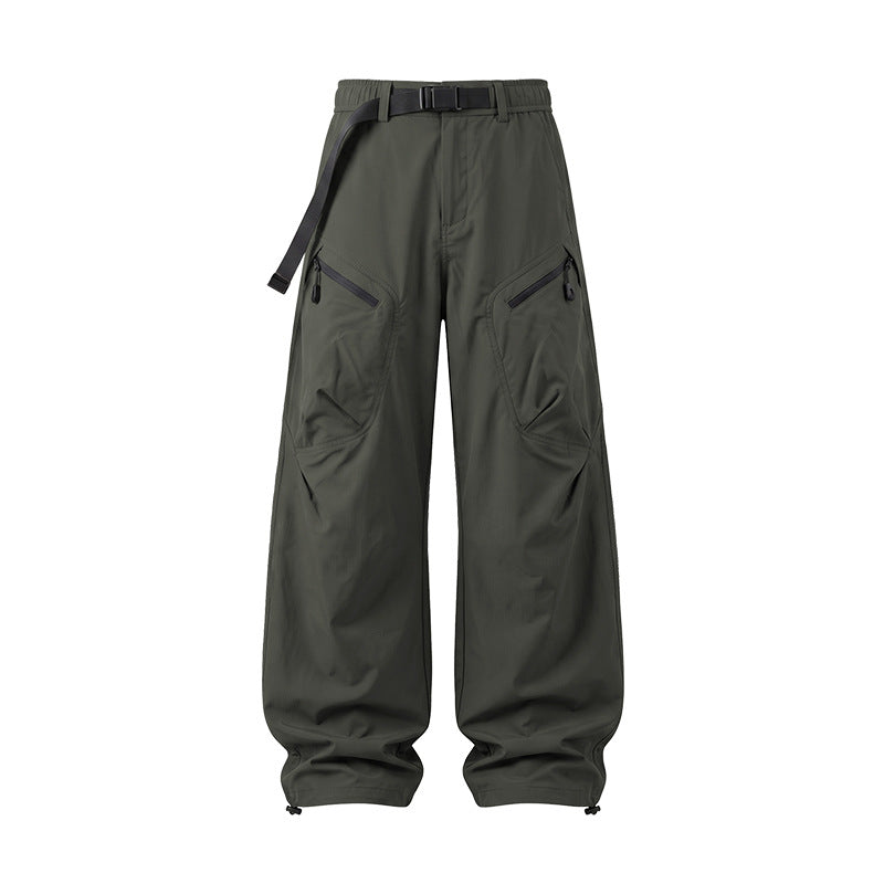 Men's Wide Ripstop Cargo Pants with Integrated Web Belt, Zipper Pockets, and Drawcord Finish Drune