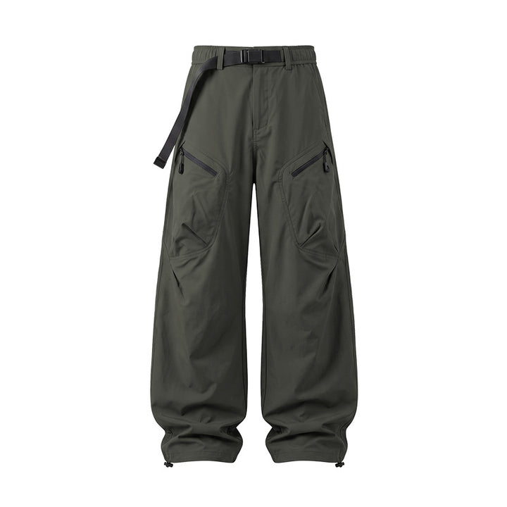 Men's Wide Ripstop Cargo Pants with Integrated Web Belt, Zipper Pockets, and Drawcord Finish Drune