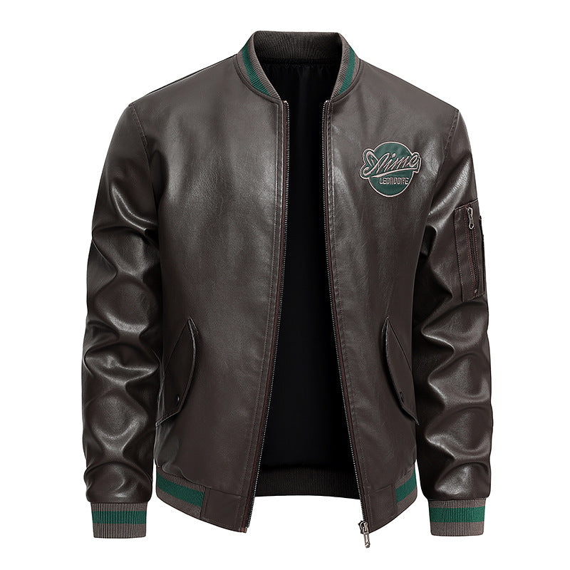 Men's  retro varsity leather-effect bomber jacket with embroidered chest badge and zip sleeve pocket Mune Fashion