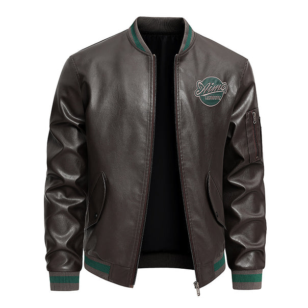 Men's  retro varsity leather-effect bomber jacket with embroidered chest badge and zip sleeve pocket Mune Fashion