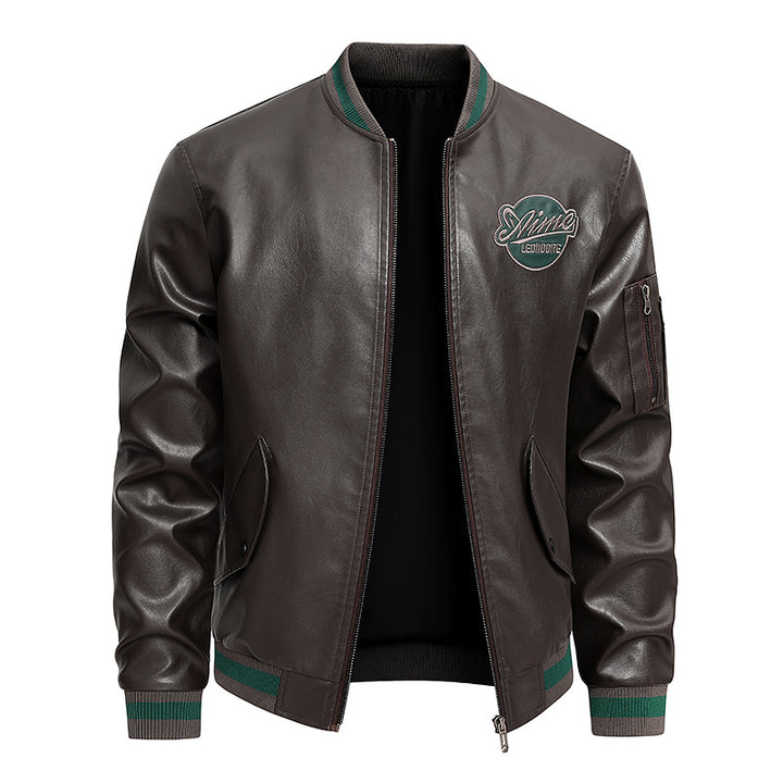 Men's  retro varsity leather-effect bomber jacket with embroidered chest badge and zip sleeve pocket Mune Fashion