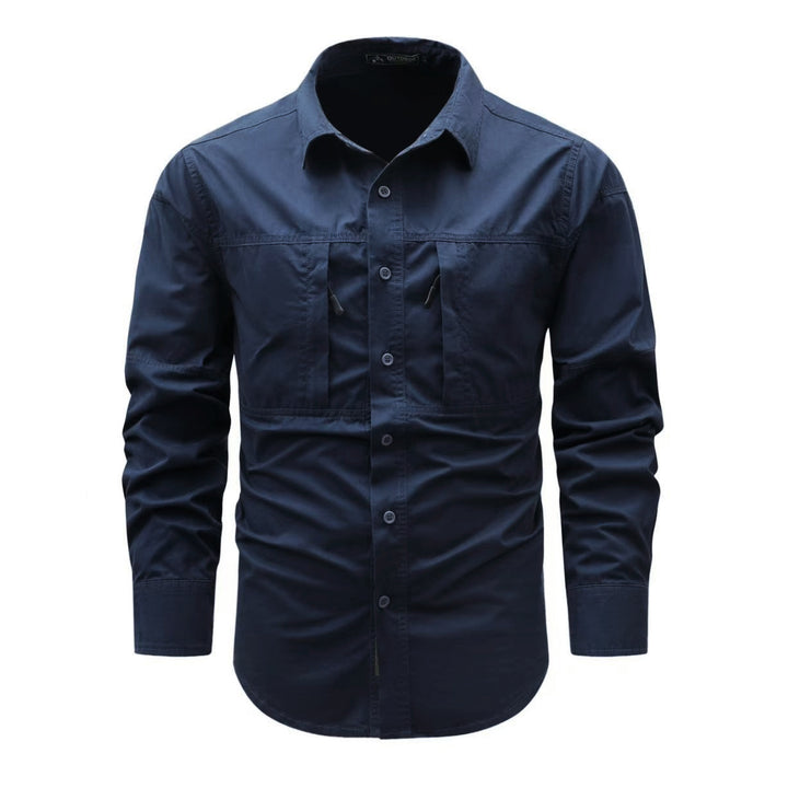 Men's rugged utility shirt with hidden zip pockets, reinforced seams, and classic spread collar Mune Fashion