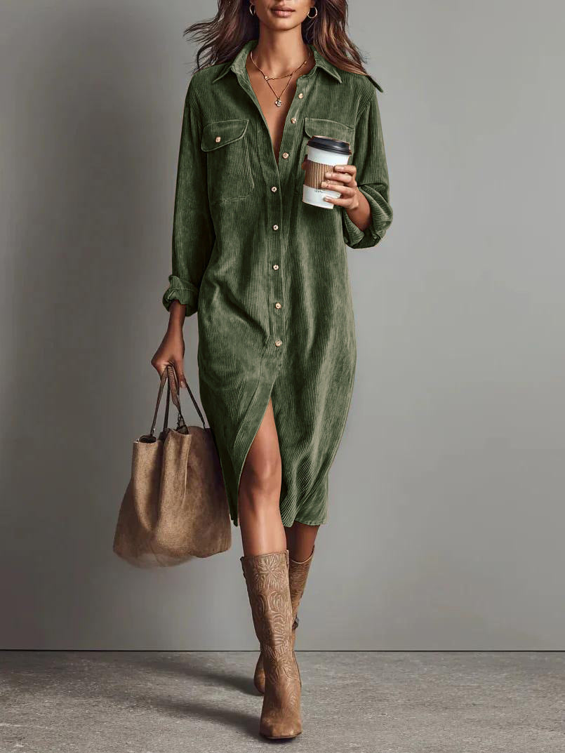Women's shirt dress made of corduroy with breast pockets, button placket and slit Mune Fashion