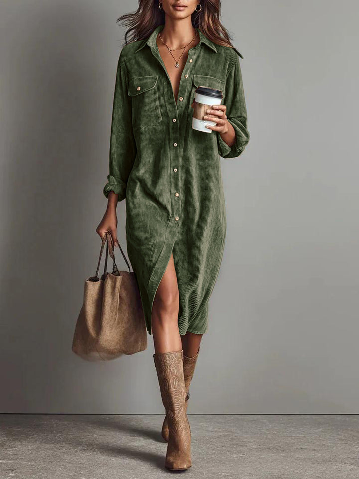 Women's shirt dress made of corduroy with breast pockets, button placket and slit Mune Fashion