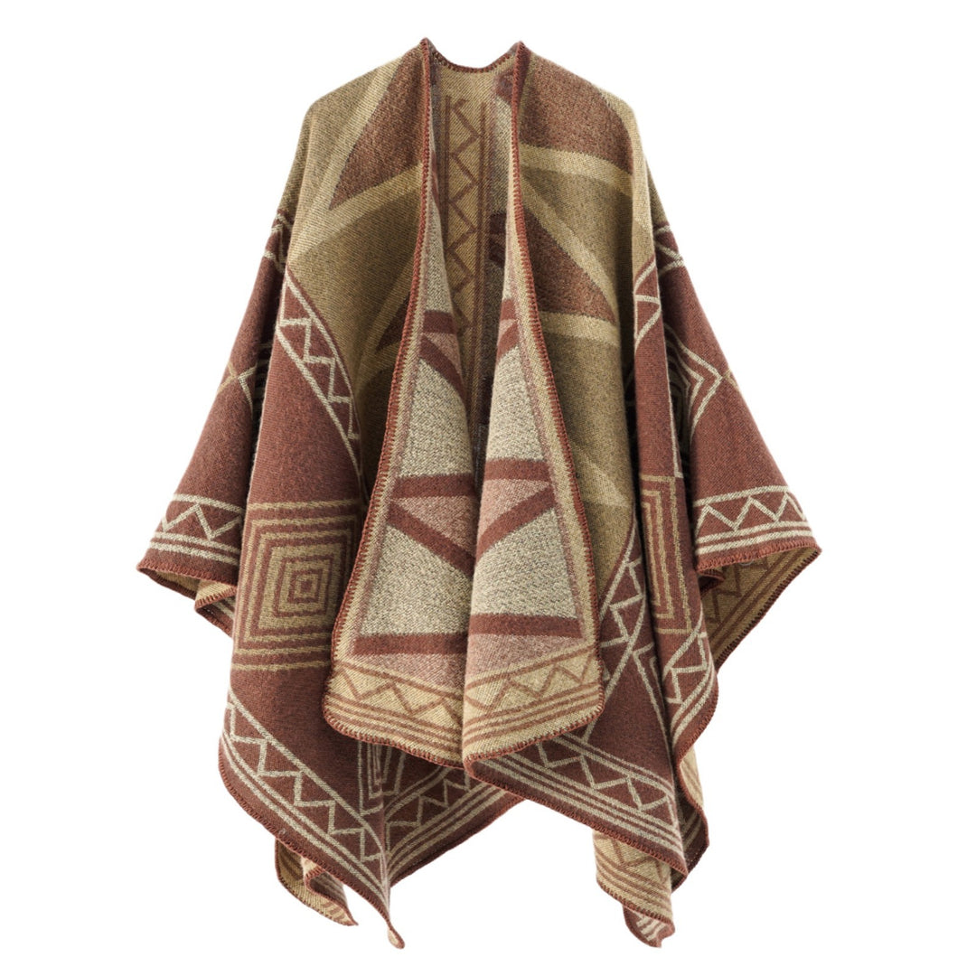 Women Geometric Wool Blend Overthrow Poncho with Overlock Edge Mune Fashion