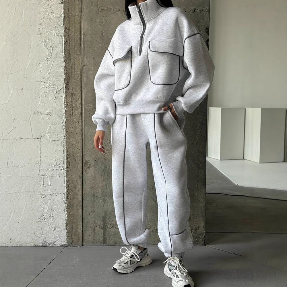 Women's Oversize Half-zip Sweatshirt with Patch Pockets and Contrast Piping Mune Fashion