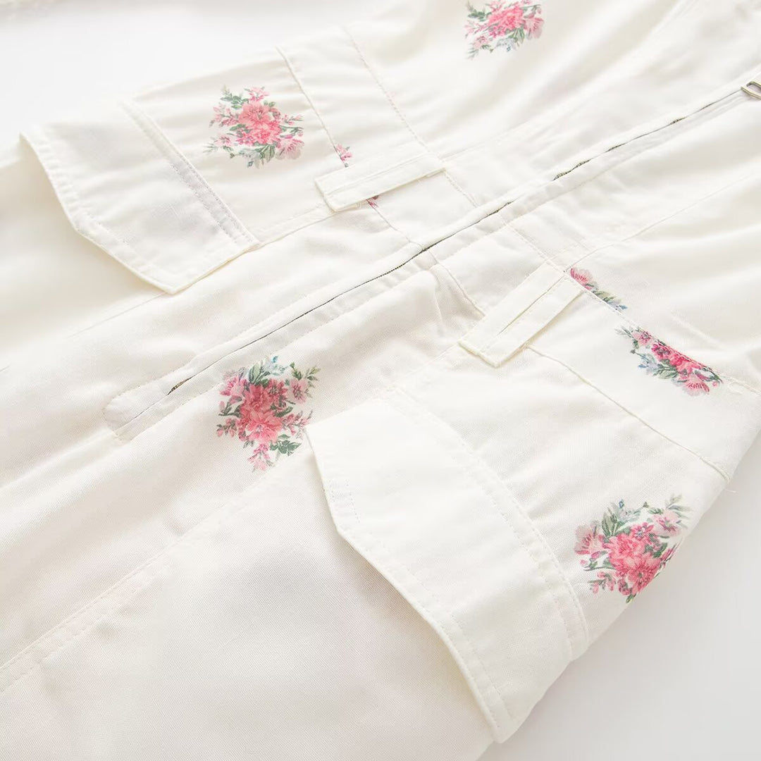 Women's Floral Jumpsuit with V-Neck, Zipper and Drawstring Waist