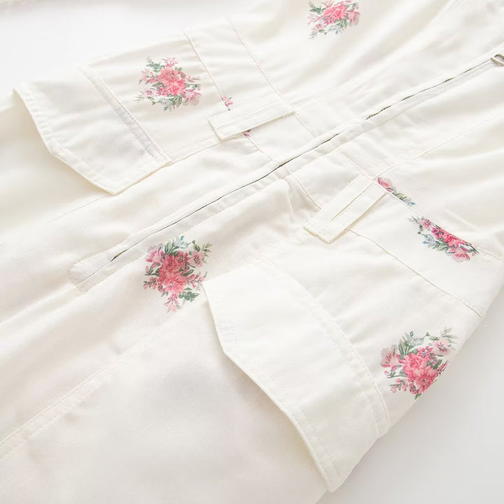 Women's Floral Jumpsuit with V-Neck, Zipper and Drawstring Waist