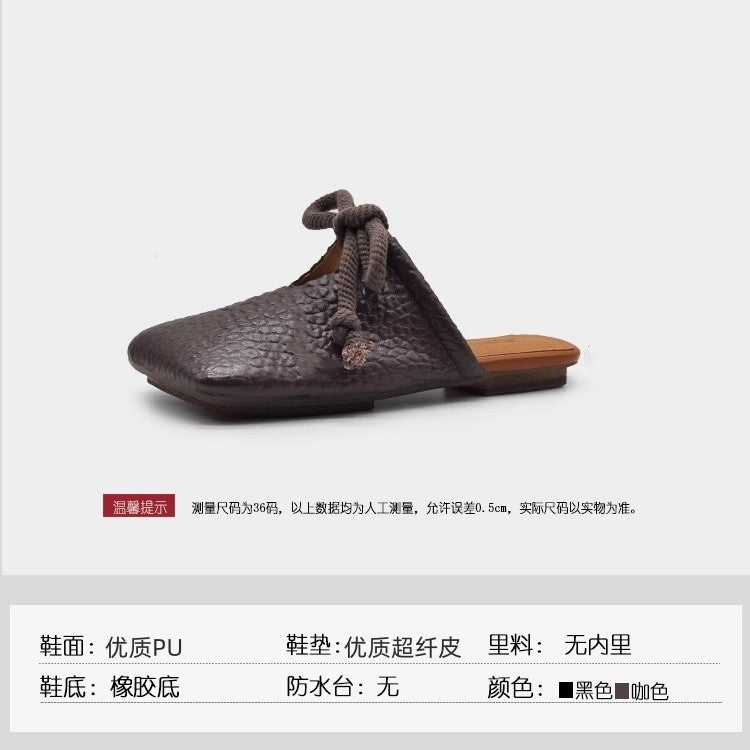 Women's Square Leather Mules with Knotted Rope Loop and Textured Surface Mune Fashion