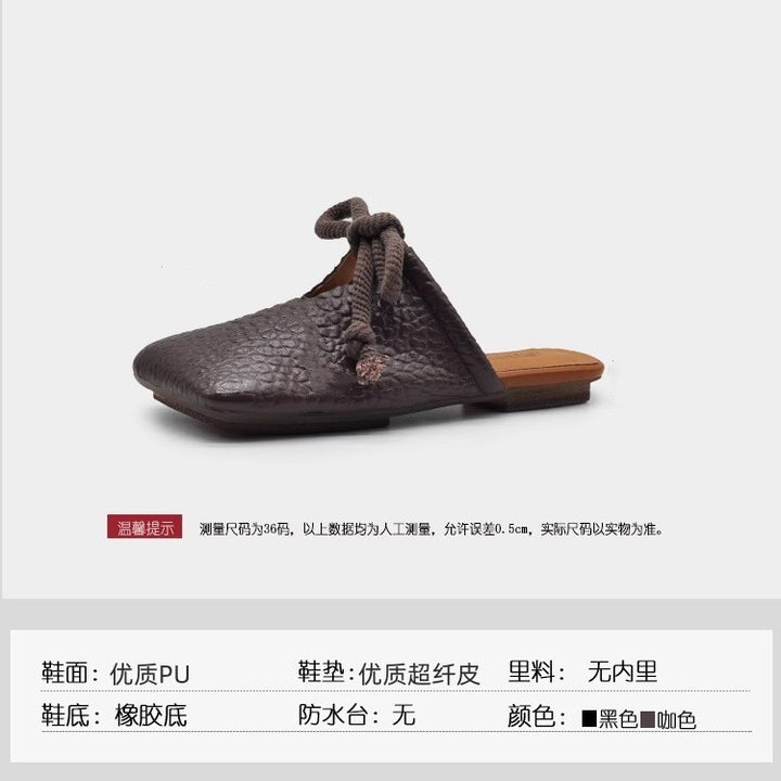 Women's Square Leather Mules with Knotted Rope Loop and Textured Surface Mune Fashion