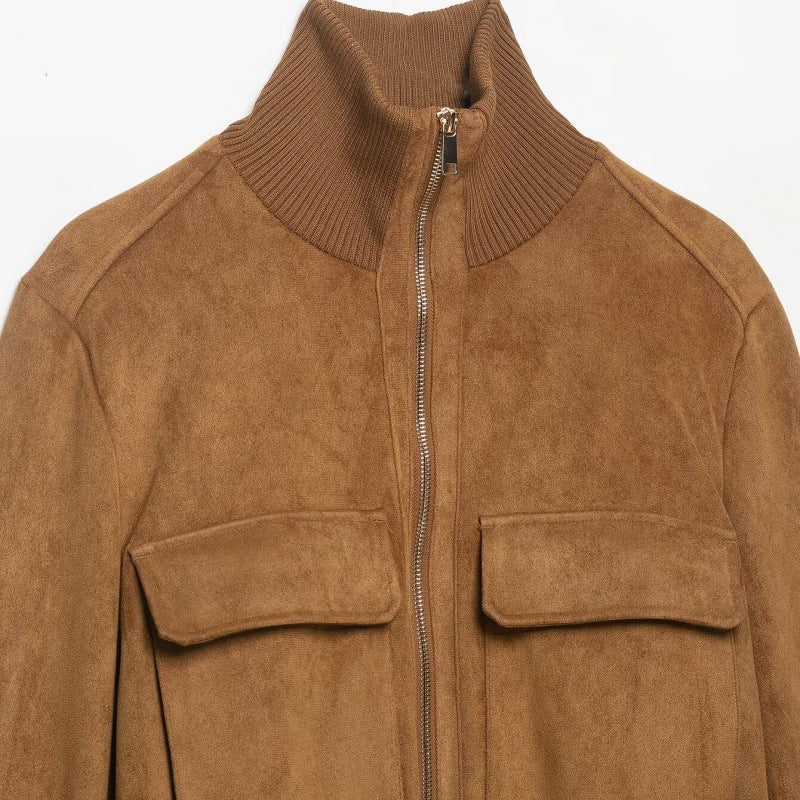 Women's Short Suede Look Bomber Jacket with Stand Collar, Flap Pockets and Ribbed Cuffs Mune Fashion