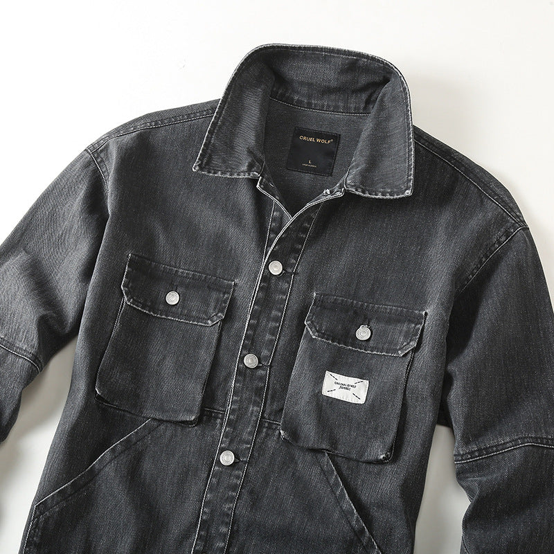 Men's utility denim jacket with oversized chest pockets and full button placket Mune Fashion