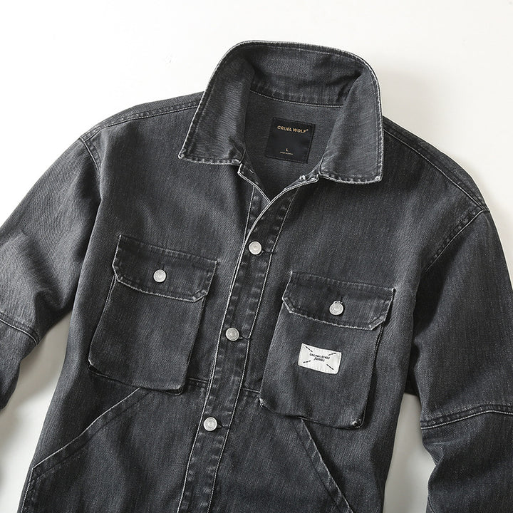 Men's utility denim jacket with oversized chest pockets and full button placket Mune Fashion
