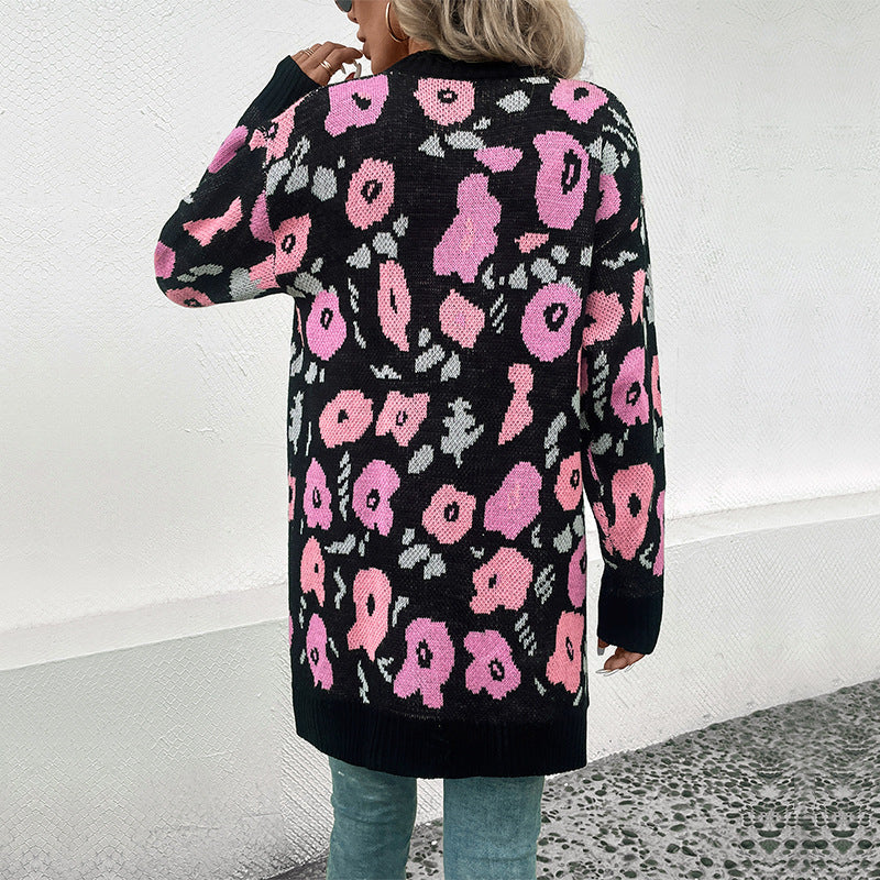 Women's Long Open Knit Cardigan with Leopard Jacquard Pattern and Ribbed Hems Mune Fashion