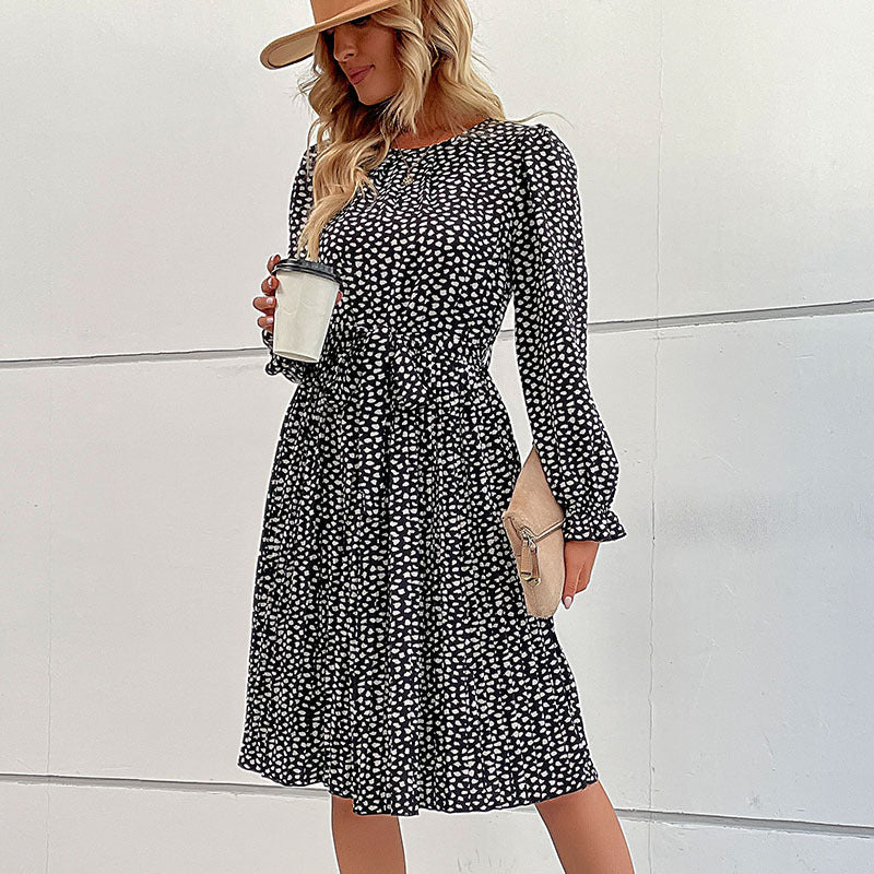Women Elegant Pleated Midi Dress with Waist Sash, Ruffled Puff Sleeves and A-Line Skirt