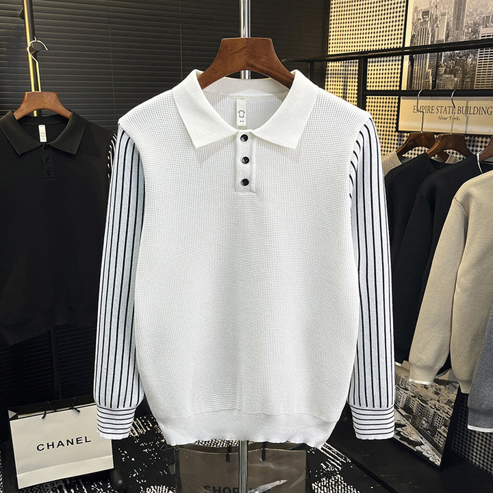 Men's knit polo shirt with contrasting striped sleeves and fine texture Mune Fashion