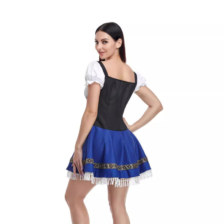 Ladies traditional dirndl dress with lace sleeves, bodice corset, and gathered apron Mune Fashion