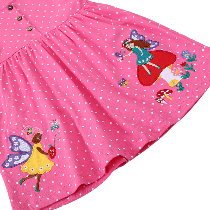 Girls Polka Dots Cotton Dress with Charming Fairy Motifs Mune Fashion