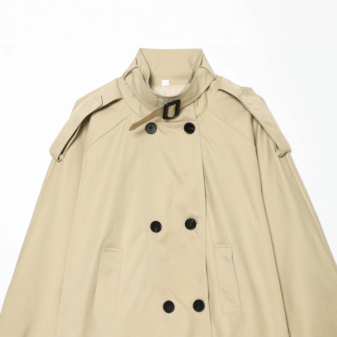 Women's Short Trench Cape with Double-Breasted, Funnel Collar and Shoulder Pads Mune Fashion