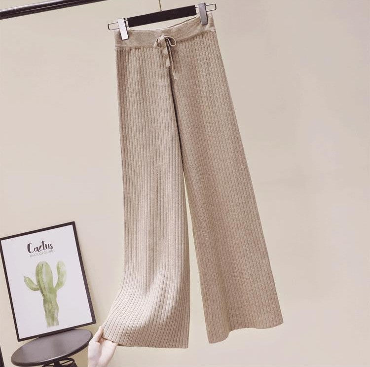 Women's Comfortable Ribbed Knit Pants with Drawstring Mune Fashion